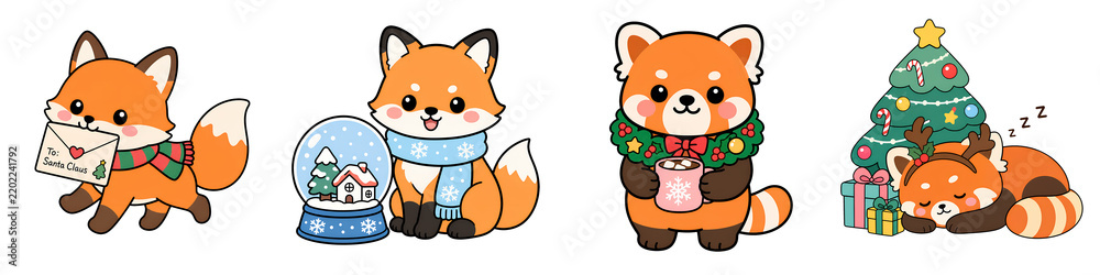 Obraz premium Cute fox christmas winter snow red panda holiday gift coffee tree letter animal cartoon character illustration kawaii cozy scarf sweater snow