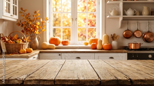 Warm autumn kitchen setting with pumpkins squash gourds basket and fall leaves on wooden table by window with colorful trees outside.