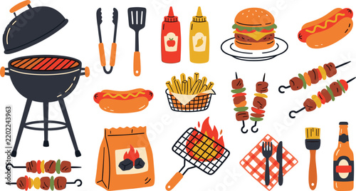 Barbecue grill food collection featuring burgers sausages skewers fries condiments utensils and outdoor cooking accessories