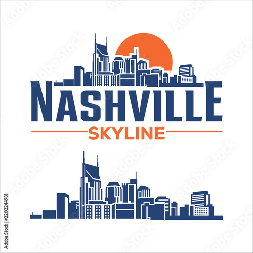 Minimalist Nashville skyline logo vector featuring iconic city buildings and architectural landmarks, symbolizing Nashville, Tennessee, music, tourism, urban culture, travel, and city identity.