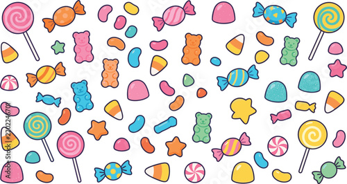Cute candy and lollipop collection featuring colorful sweets gummy bears jelly beans and playful treats vector