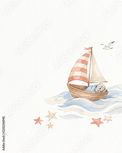 Watercolor sleeping baby seal in sailboat on gentle waves with starfish for nautical baby shower card newborn nursery print and ocean themed invitation