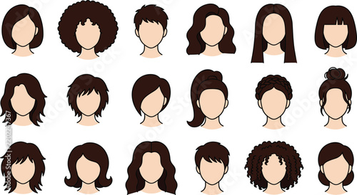 Women hairstyle collection featuring diverse haircuts lengths textures and elegant female portrait illustrations for beauty design