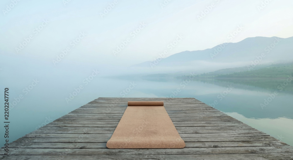 Obraz premium A solitary yoga mat is placed on a wooden dock overlooking a serene lake with misty mountains in the background. The peaceful setting invites relaxation and meditation.