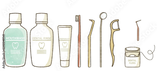 手描き風デンタルケア・オーラルケア用品イラスト素材セット　Hand Drawn Dental Care and Oral Hygiene Clipart Collection