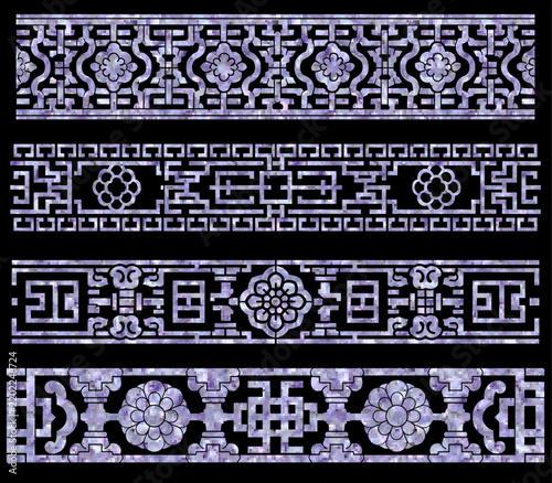 Korean traditional mother-of-pearl inlay decorative border patterns with purple and lavender nacre textures and oriental geometric ornaments on dark background   