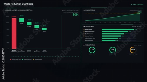 Explore a detailed waste reduction dashboard showcasing significant savings from quality improvement actions with vibrant visuals and engaging animations in a professional layout.