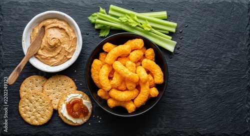 Assorted snack platter featuring crunchy cheese curls in a black bowl, fresh celery sticks, sesame crackers with cream cheese and jam, and smooth peanut butter on a dark slate stone surface.