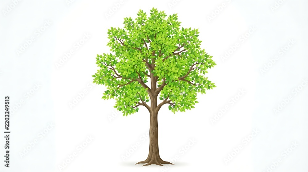 Obraz premium Realistic green tree illustration with lush foliage, brown trunk, and detailed branches isolated on white background