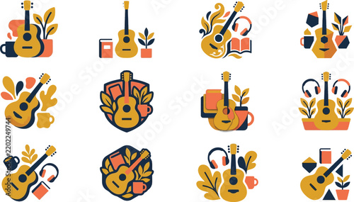 A collection of colorful acoustic guitar vector illustrations surrounded by plants books and headphones