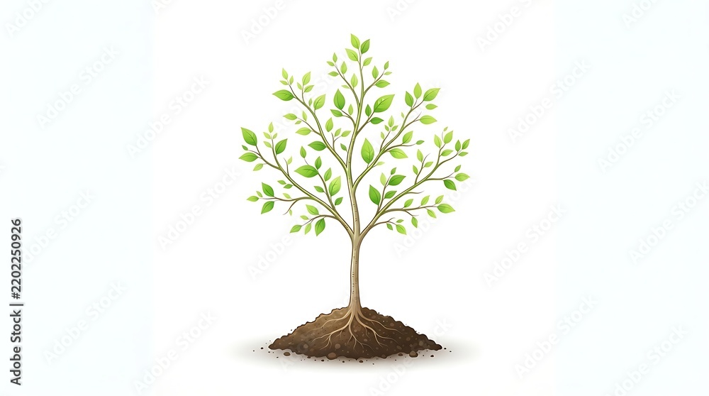Obraz premium Vector illustration of a small green tree growing from a mound of soil isolated on a white background