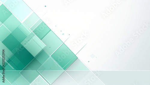Minimalist white background with translucent green and teal diamond squares