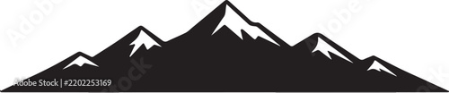 Black Mountain Range Silhouette with Snow-Capped Peaks on White Background.