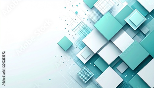 White abstract banner with layered teal and white 3D diamond squares on the right