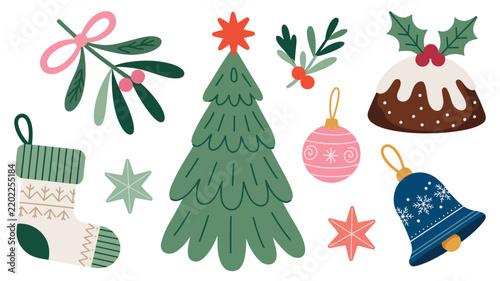 Set of cute christmas elements including a decorated tree, stocking, pudding, mistletoe, bell, and ornaments