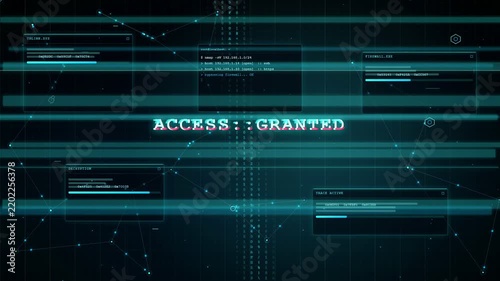 Digital cybersecurity interface with access granted notification and scrolling data on dark blue background