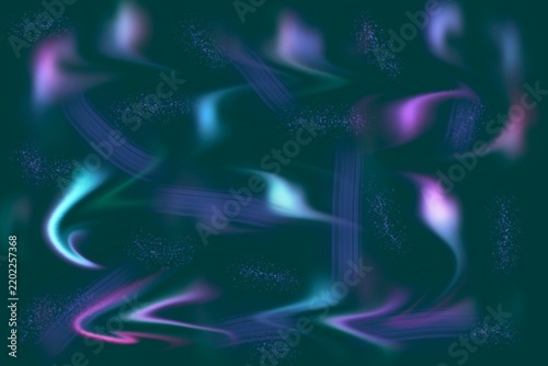 Abstract dark green background with glowing neon blue and purple light effects