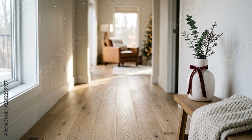 White vase with eucalyptus on a wooden bench in a bright hallway