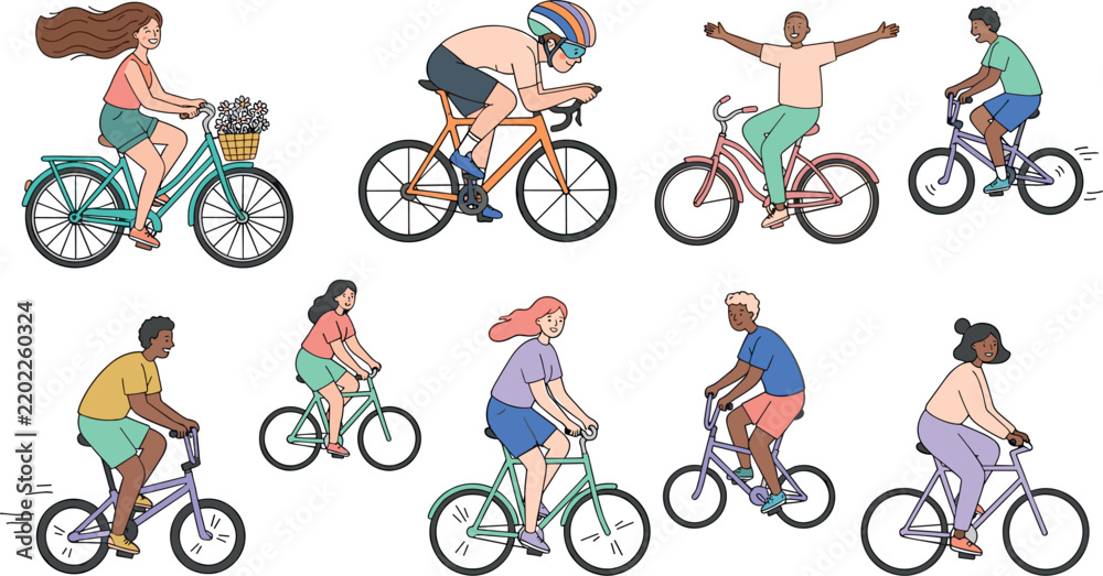 Obraz premium Diverse People Riding Bicycles Flat Vector Illustration Set Featuring Cyclists, City Bikes, Racing, BMX, and Outdoor Healthy Lifestyle Activity Designs