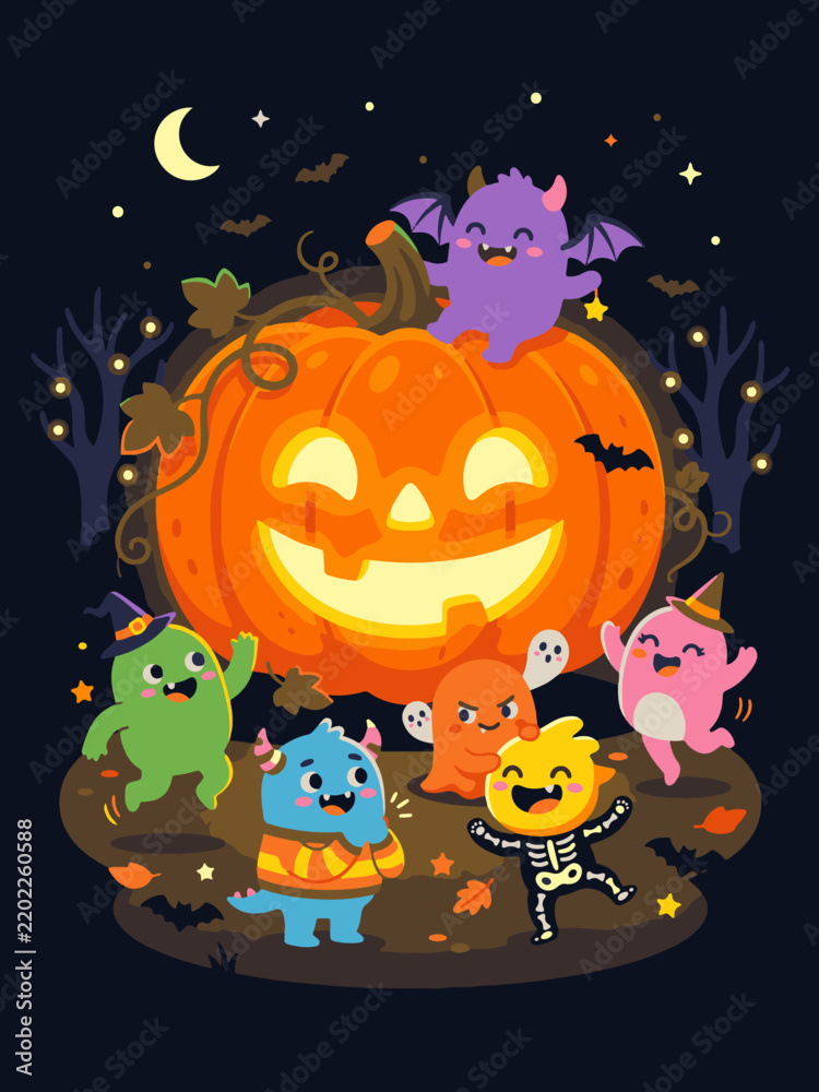 Fototapeta premium Happy halloween characters celebrating around a giant pumpkin illustration