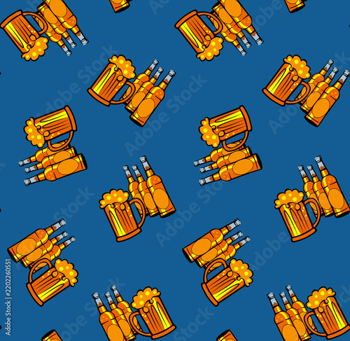 Seamless pattern of beer mugs and bottles on blue background