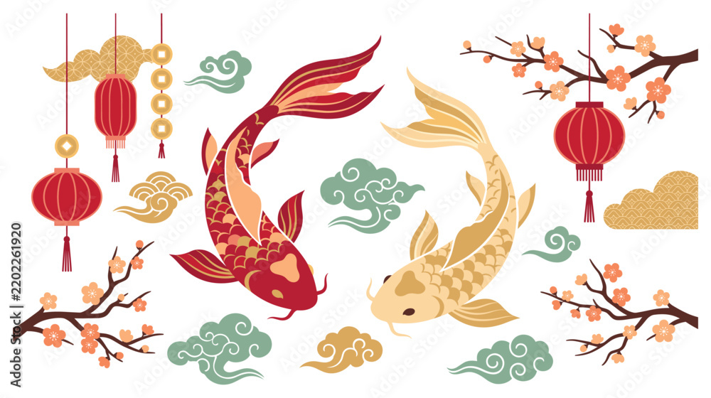 Obraz premium Koi fish and red lanterns for traditional chinese lunar new year.