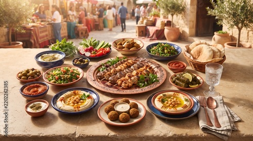 Middle Eastern street food market with grilled meat skewers and various dishes