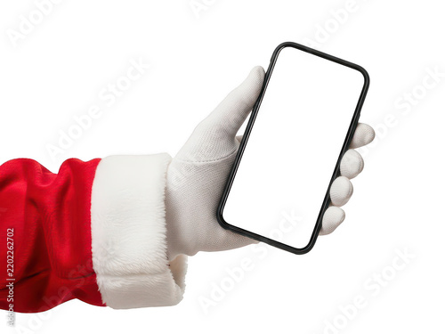Santa claus hand holding a modern smartphone isolated on transparent background