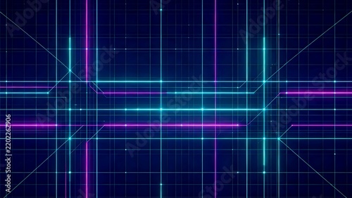 Neon blue and magenta intersecting lines on dark grid, symbolizing futuristic circuits, data, and digital connectivity