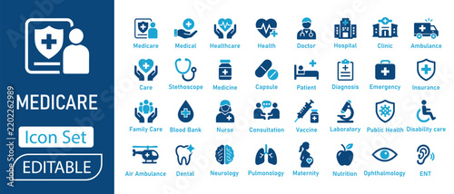 Medicare and healthcare icon set. with vector symbols for medical insurance, doctor consultation, hospital treatment, and wellness care in a clean blue flat design vector.
