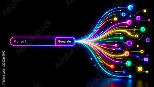 Glowing digital prompt bar generating colorful fiber optic network nodes representing artificial intelligence creation