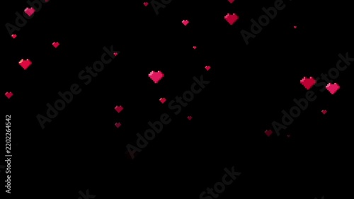 8 bit retro pixel art red hearts falling on black background romantic love theme illustration