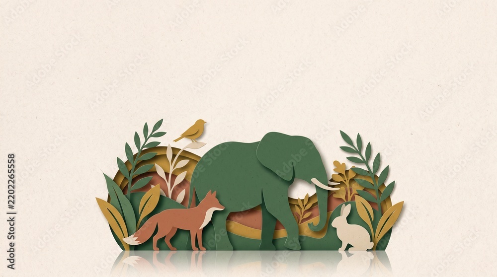 Fototapeta premium Paper cutout elephant stands beside a fox, rabbit, and bird. Layered leaves frame the centered wildlife group with wide copy space above. Nature education and conservation concept.