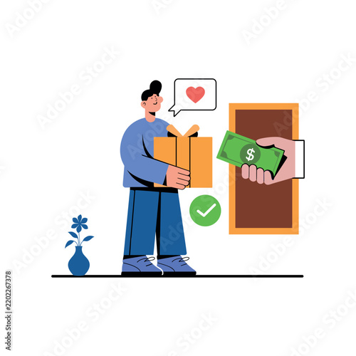 Delivery person receives payment at a doorway vector illustration courier