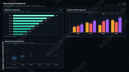 Explore a comprehensive Root Cause Dashboard featuring detailed comparisons of machines, operators, materials, and supplier lots with vibrant visual analytics and precise engineering design.