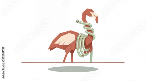 Minimalist vector flamingo constricted by a garden hose symbolizing plastic pollution