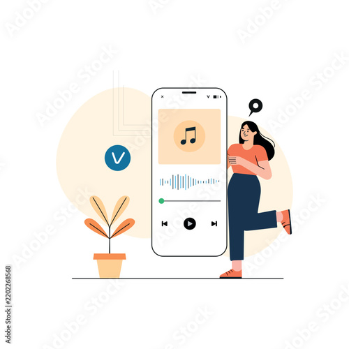 Woman listening to music on a smartphone flat vector illustration
