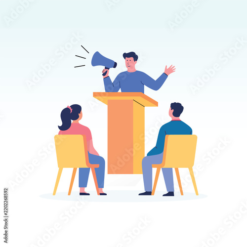 Speaker presenting to audience flat vector illustration presentation lecturer presenter