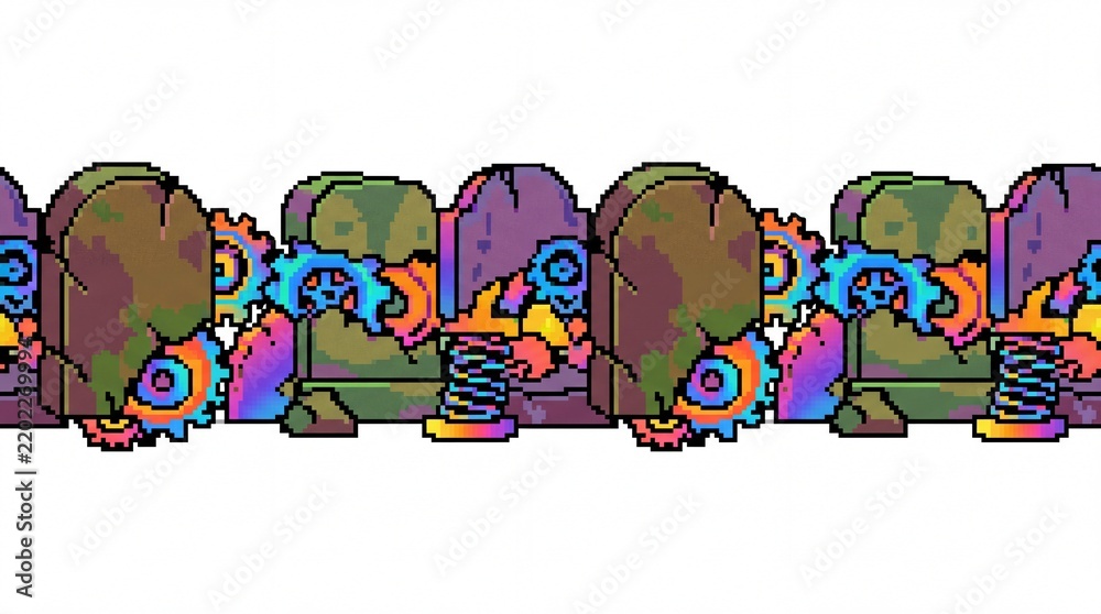 Fototapeta premium Retro pixel art divider of crumbling tombstones revealing colorful clockwork mechanisms