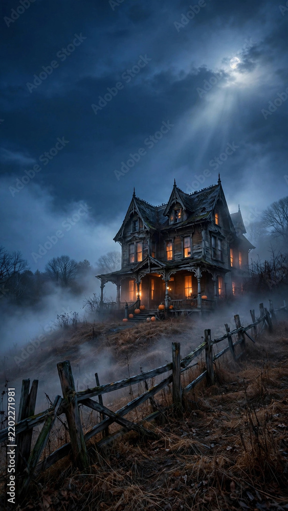 Obraz premium Spooky Haunted Mansion with Glowing Lights in Foggy Night Forest