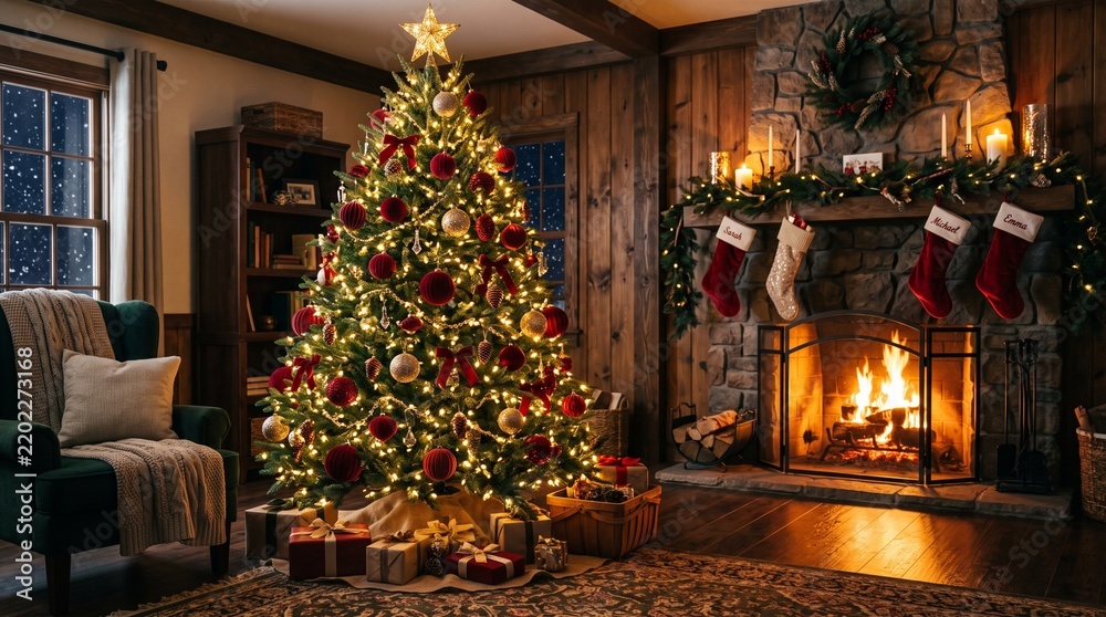 Fototapeta premium Cozy Rustic Living Room with Decorated Christmas Tree and Glowing Fireplace