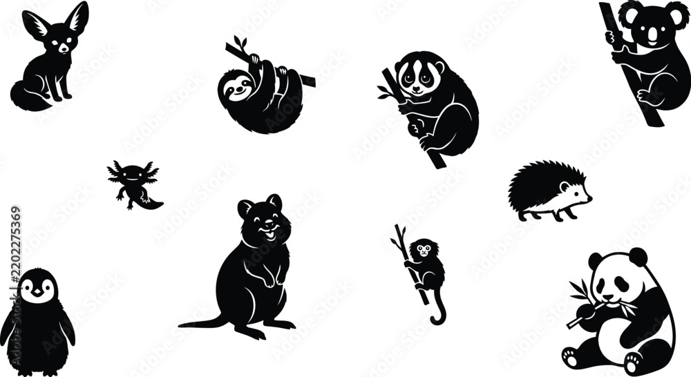 Fototapeta premium Collection of black silhouette animal shapes on a white background including a panda and koala