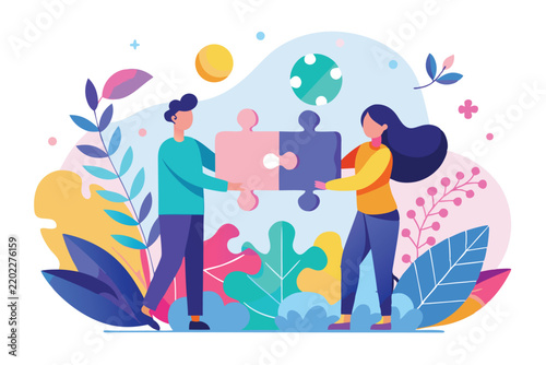 Two people completing a puzzle illustrating teamwork cooperation and problem solving success