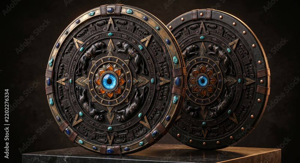 Obraz premium Ancient Aztec style circular shields with blue gemstone eye and intricate carving