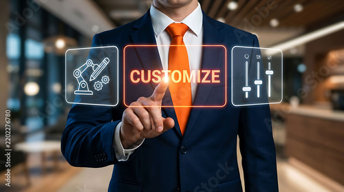 Businessman interacting with a futuristic customization interface in office