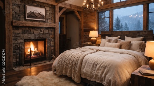 Rustic log cabin bedroom interior with cozy bed and warm fireplace in winter