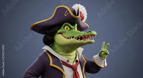 Anthropomorphic crocodile dressed as a pirate making victory sign