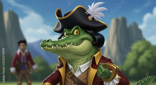 Crocodile captain in pirate costume with sword
