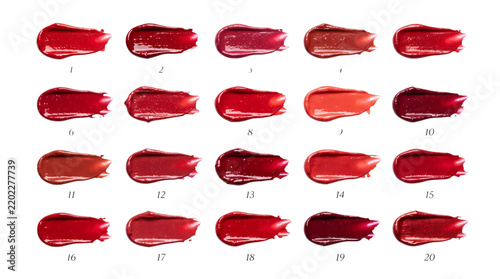Lipstick and lip gloss swatches. Twenty red and pink color samples with shimmer. Cosmetic product catalog