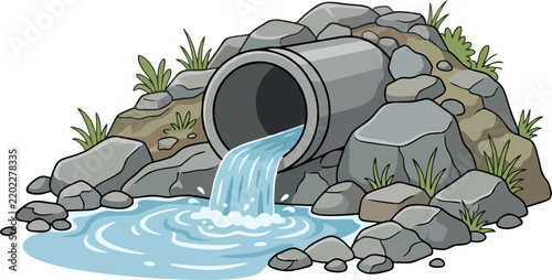 Water Draining from Concrete Pipe Over Rocky Ground with Grass — Stormwater Drainage Culvert Outfall Sewage Discharge Nature Scene Cartoon Vector Illustration